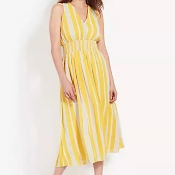 Ann Taylor Stripe Smocked Waist Maxi Dress Yellow Sleeveless Large Petite - Picture 2 of 8